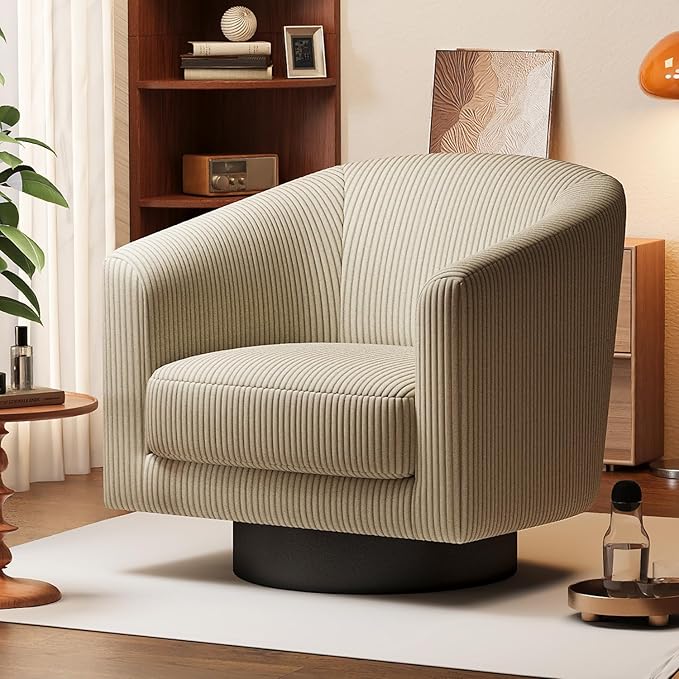 360° Swivel Accent Chairs, Modern Bucket Chair, Corduroy Barrel Armchair, Comfy Boucle Chair, Single Sofa for Living Room Bedroom. Camel
