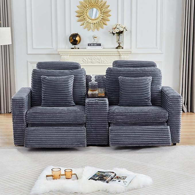 Power Reclining Sectional Sofa, Electric Loveseat Recliner with Storage Console and USB Ports, Plush Corduroy Fluffy Reclining Loveseat Couch Adjustable Headrest, 2 Seat Sofa for Living Room-Blue Grey