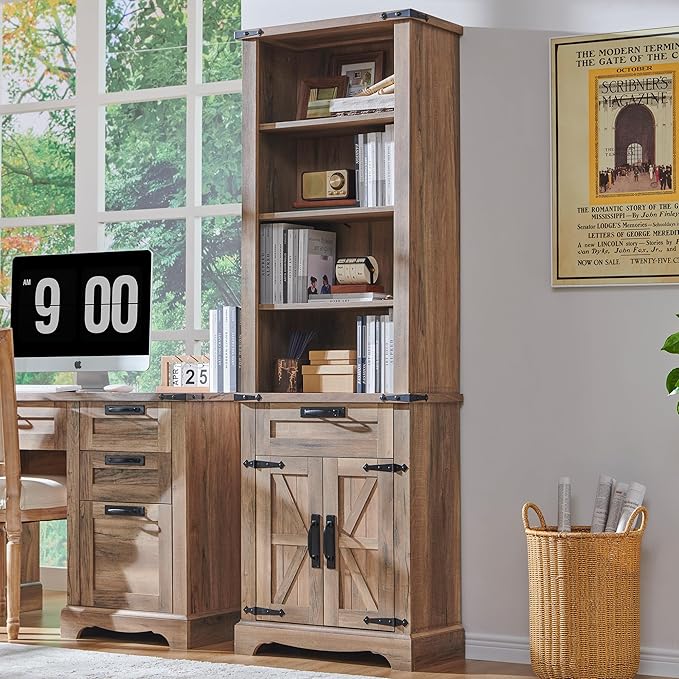 RedLemon Bookshelf with Storage Cabinet, 72" Tall Farmhouse Bookcase with Adjustable Shelves and Barn Door, 4 Tier Office Wood Bookshelf with Retro Metal Handles for Office, Library (Natural Oak)