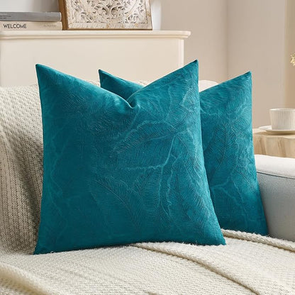 FUTEI Teal Velvet Throw Pillow Covers 20x20 Inch Set of 2,Soft Embossed Leaf-Relief Textured Cushion Cases,Natural Home Decor for Couch Living Room