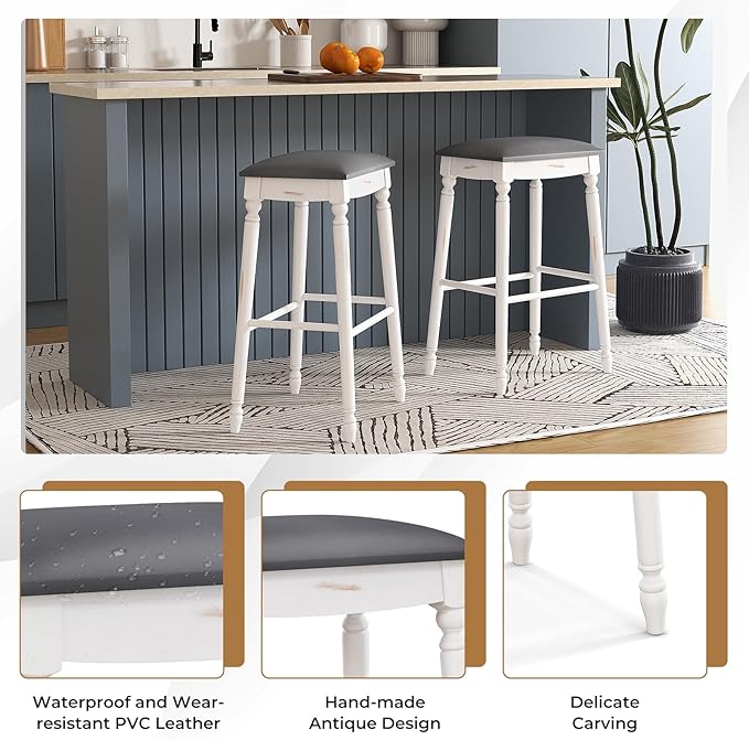 COSTWAY Upholstered Bar Stools Set of 4, 29-Inch Backless Counter Height Dining Stools with Delicate Wood Carving, Footrest, Solid Rubber Wood Frame, Farmhouse BarStools for Kitchen Island Bar, White