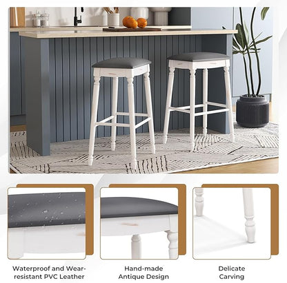 COSTWAY Upholstered Bar Stools Set of 4, 29-Inch Backless Counter Height Dining Stools with Delicate Wood Carving, Footrest, Solid Rubber Wood Frame, Farmhouse BarStools for Kitchen Island Bar, White