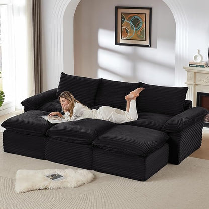 141.74" Sectional Couches for Living Room Modern Modular Sofa with U-Shape Couchs Upholstered Corduroy Boneless Couch Deep Seat Cloud Couch with Ottoman, No Assembly Required, Black