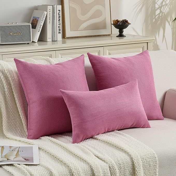 FUTEI Hot Pink Chenille Throw Pillow Covers 22x22 Inch Set of 2,Soft Wide Chevron Textured Cushion Case,Farmhouse Home Decor for Couch Bed Living Room