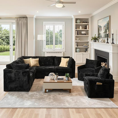 98" Modular Sofa with Swivel Chairs, Modern L Shape Cloud Sectional Couch Plush Corduroy 5 Seater Deep Seat Sofas Set & Accent Armchair Set of 2 for Living Room, Black