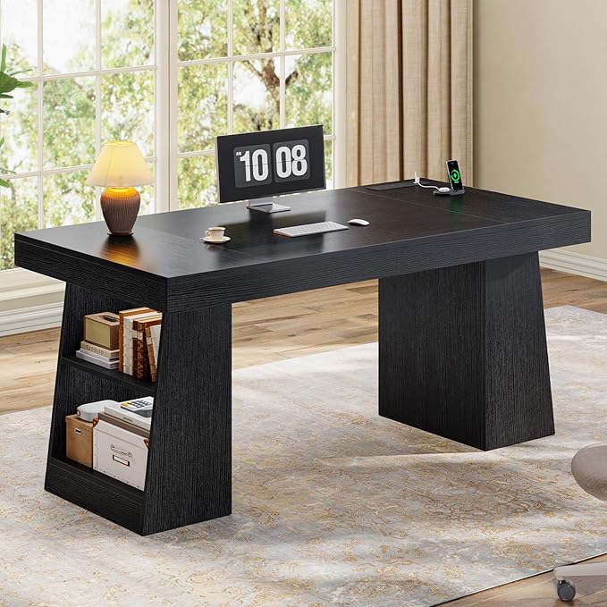55.9 in Executive Desk with Power Outlets, Modern Home Office Desk with Storage Shelves, Wood Computer Desk Business Workstation Desk Conference Table, Black (Storage Shelves)