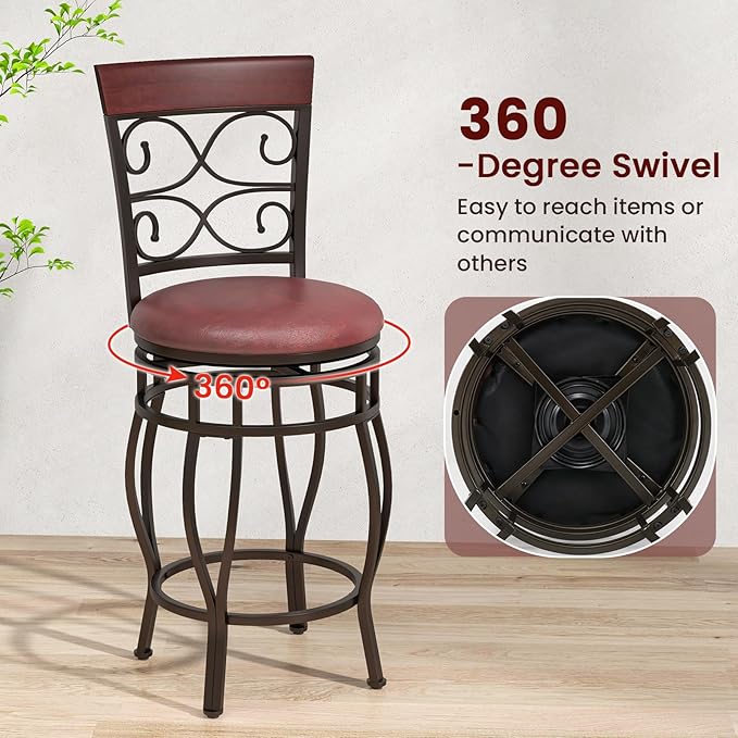 Giantex 26" Swivel Bar Stools Set of 4, Counter Height Bar Stools w/Back, Upholstered PU Leather Seat, Footrest, Max Load 330Lbs, Vintage Metal Barstools for Kitchen Island, Dining Room, Rustic Brown