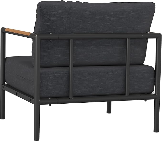 Flash Furniture Lea Indoor/Outdoor Patio Chair with Cushions - Modern Aluminum Framed Chair with Teak Accented Arms, Black with Charcoal Cushions
