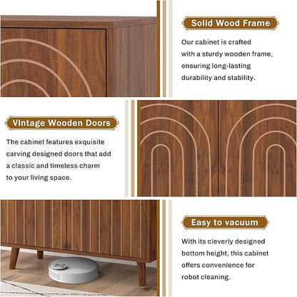 63" Sideboard Buffet Cabinet Set of 2, Modern Accent Cabinet with Carving Lines, Decorative Storage Cabinets for Bedroom Living Room Kitchen Office and Hallway (Walnut, 2)