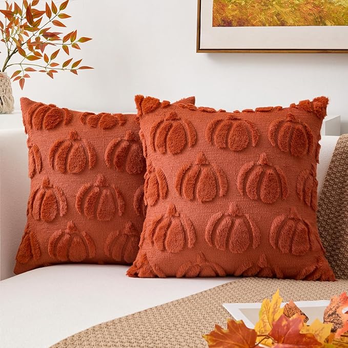 Kevin Textile Fall Pillow Covers 16x16 Inch Set of 2 Soft Pumpkins Decorative Square Pillowcases Plush Autumn Faux Fur Cushions Harvest Gift for Couch Sofa Chair Bedroom Home Decor, Rust