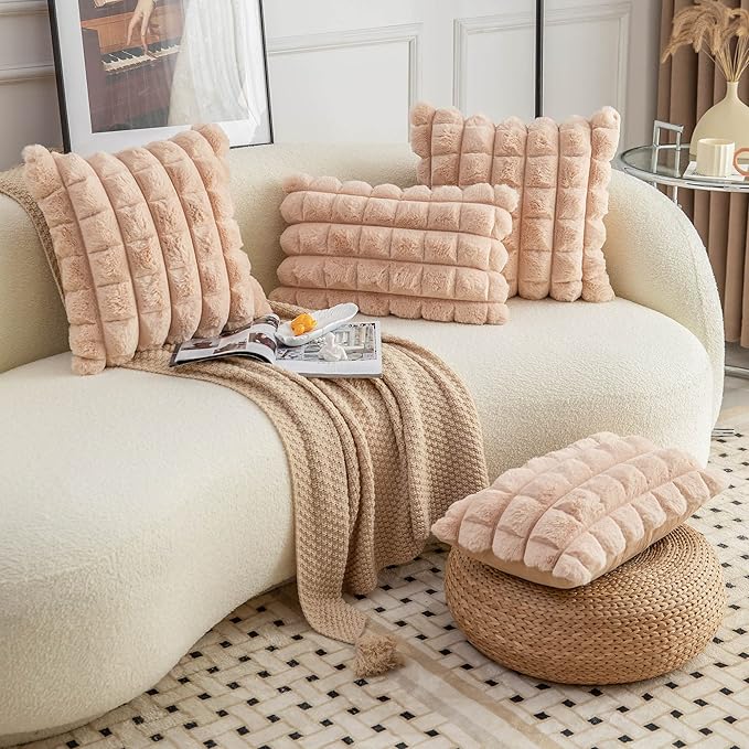 Neelvin Camel Faux Fur Cozy Soft Plaid Decorative Throw Pillow Covers 24x24 inch Set of 2,Velvet Pillowcase Cushion Case for Sofa Couch