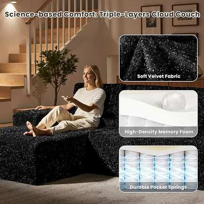 114" Glitter Cloud Sectional Couch with L-Shape Chaise, Modern Boneless Couches for Living Room, Fluffy Tufted Deep Seat Modular Sofa in a Box No Assembly