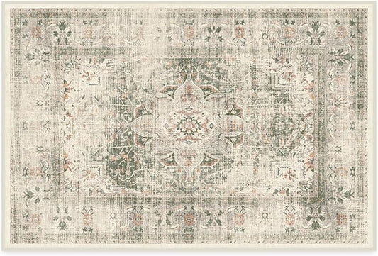 RUGGABLE Washable Vintage Area Rug – Sarrah Sage 2x3, Stain-Resistant, Non-Slip – Small Machine Washable Rugs for Living Room, Bedroom, Hallway, Entryway & Bathroom–with Standard Pad