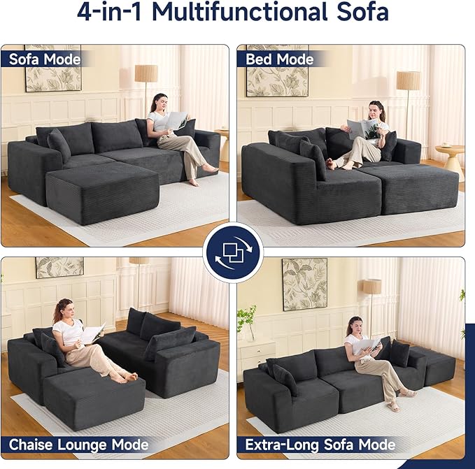 2025 New 108" Cloud Couch Sectional, Modular Sectional Sofa with L-Shaped Chaise, Deep Seat Sectional Modular Couch for Living Room, No Assembly Required (Gray, Chaise Ottoman)