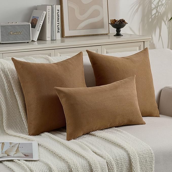 FUTEI Rust Chenille Throw Pillow Covers 12x20 Inch Set of 2,Soft Wide Chevron Textured Lumbar Pillow Cases,Farmhouse Home Decor for Couch Bed Living Room