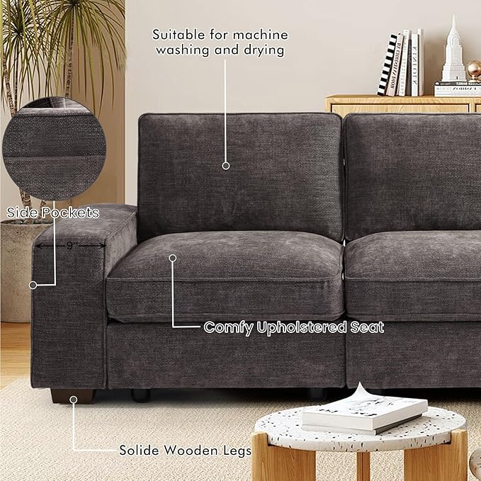 TEKAMON 73" Modular Sofa Couch with Seat Storage, Comfy 2-Seater Chenille Fabric Loveseat Sofa for Living Room, Office, RV, Apartment W/Deep Seat, Wide Arms, USB, Side Pockets, Washable Cover(DkGrey)