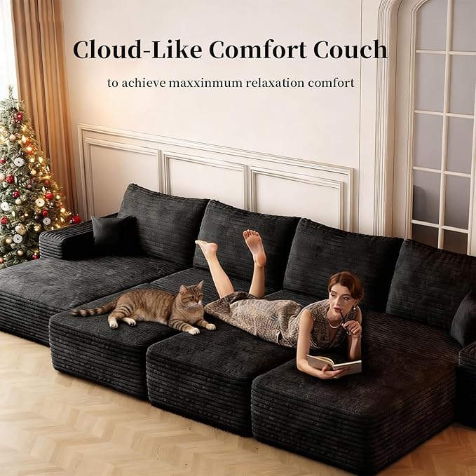 135.4" Oversized Cloud Modular Sectional Sofa, U-Shaped Couches with Ottoman for Living Room, Deep Seat Boneless Couch, 1600lb Weight Capacity, No Assembly Required (Black, Right Facing Chaise)