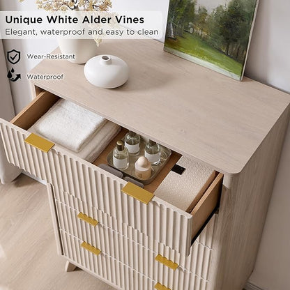 T4TREAM Fluted 5 Drawers Dresser, 48" Tall Modern Chest of Drawers, Curved Profile Design, Wood Drawer Organizer for Bedroom, Living Room, Hallway, Entryway, White Alder