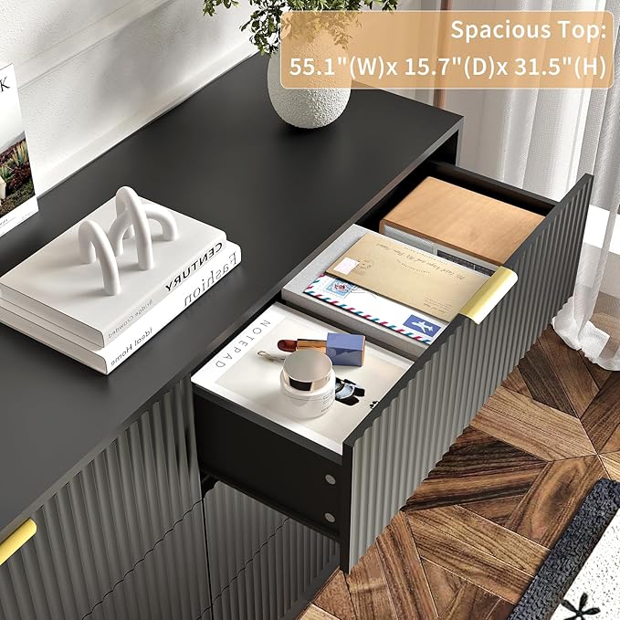 3-Piece Modern Bedroom Furniture Set, Wide 6-Drawer Dresser & 3-Drawer Nightstands Set of 2, Natural Wood Dresser and Nightstand Sets for Bedroom, Hallway, Black