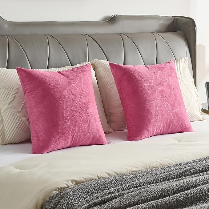 FUTEI Hot Pink Velvet Throw Pillow Covers 20x20 Inch Set of 2,Soft Embossed Leaf-Relief Textured Cushion Cases,Natural Home Decor for Couch Living Room