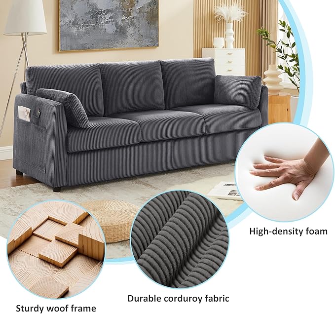 79" L Shaped Couch with Storage Ottoman, 3 Seater Corduroy Sofa with 2 Pillows and Storage Pockets, Small Modern Couches for Living Room, Apartment, Small Spaces, Home Office, Grey