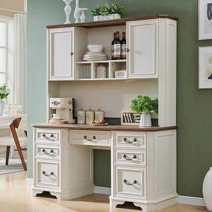 T4TREAM 59" Farmhouse Executive Desk with Hutch,Wood Home Office Computer Desk, Featuring Keyboard Tray,Charging Station,File Drawer, Storage Cabinet,for Work and Study (Antique White)