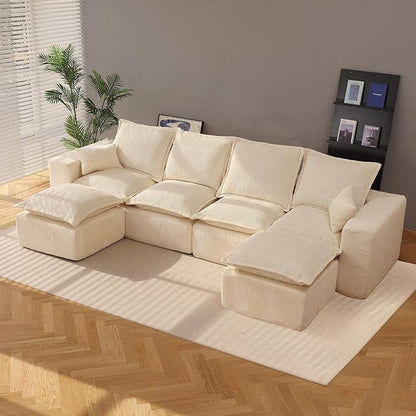 137" Comfy Cloud Couch with U-Shape Chaise & Deep Seat, Modular Sectional Sofa in a Box, Boneless Upholstered Couches for Living Room, No Assembly Required (Soft Corduroy, Beige)