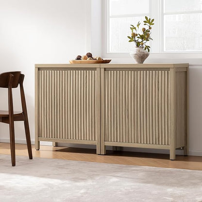 SICOTAS Sideboard Buffet Cabinet with Storage, Fluted Credenza Console Cabinet with Adjustable Shelves, Farmhouse Coffee Bar Storage Cabinets for Kitchen, Living Room, Entryway, Light Oak, 3 PCS