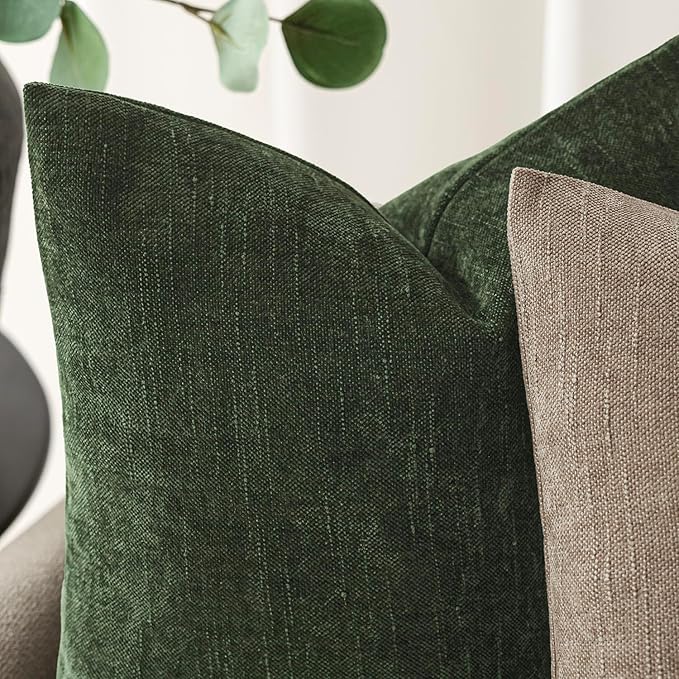 Foindtower Pack of 2 Soft Textured Chenille Throw Decorative Pillow Covers Square Accent Solid Cushion Cover Neutral Farmhouse Pillow Case for Couch Sofa Bedroom Living Room 24x24 Inch,Dark Green