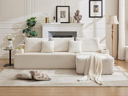 106" Cloud Sectional Couch, Modular Sectional Sofa with L-Shape Chaise, Corduroy Boneless Couch with Deep Seat, Upholstered Sofa for Living Room, No Assembly Required(Right-Facing Chaise, White)