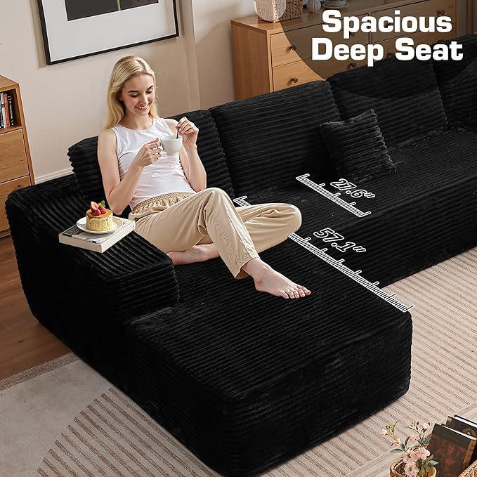 Weaxty Boneless Sectional Couch, Oversized L Shaped Modular Cloud Couches, Plush Corduroy Memory Foam Deep Seat Floor Sofa, No Assembly Required，Black