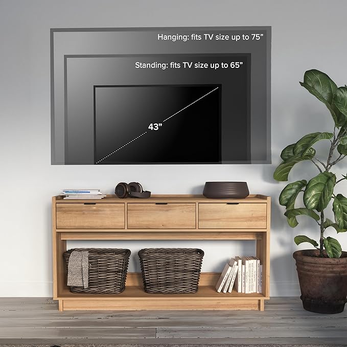 Prepac Natural Oak Simply Modern Entryway Table, Narrow Console Table with 3 Drawers, Media Console with Storage, 15.75" D x 60.25" W x 32" H