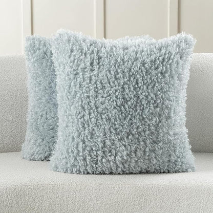 FUTEI Light Blue Decorative Throw Pillow Covers 24x24 Inch Set of 2,Soft Fluffy Faux Wool Fur Boucle Textured European Cushion Case,Modern Home Decor for Couch Bed Living Room Office