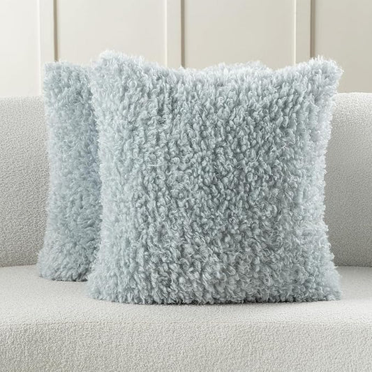FUTEI Light Blue Decorative Throw Pillow Covers 24x24 Inch Set of 2,Soft Fluffy Faux Wool Fur Boucle Textured European Cushion Case,Modern Home Decor for Couch Bed Living Room Office