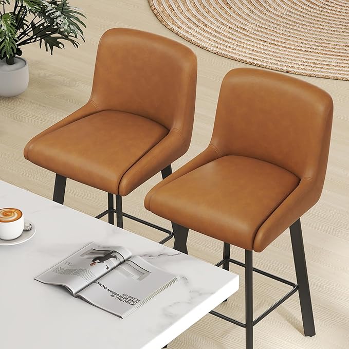 Swivel Counter Height Bar Stools Set of 3, 30''H Upholstered Barstools with Backs, Modern Bar Stool Chairs for Kitchen Island, Metal Legs, Faux Leather, Whiskey Brown Stools Counter Chair