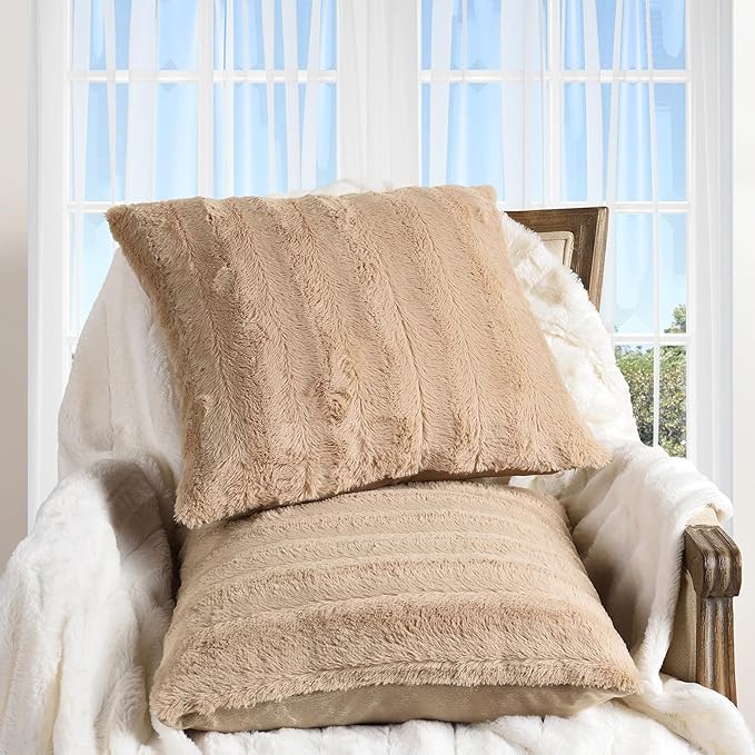 Cheer Collection Faux Fur Throw Pillows - Decorative Pillows for Couch, Bed Throw Pillows, Sand Accent Pillows for Bedroom or Living Room Aesthetic, Set of 2 Furry Throw Pillows, 18”x18”