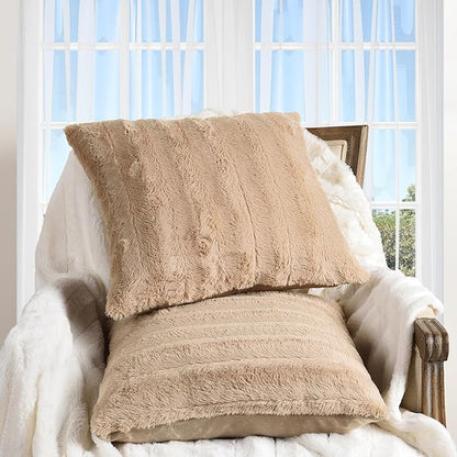 Cheer Collection Faux Fur Throw Pillows - Decorative Pillows for Couch, Bed Throw Pillows, Sand Accent Pillows for Bedroom or Living Room Aesthetic, Set of 2 Furry Throw Pillows, 24" x 24"
