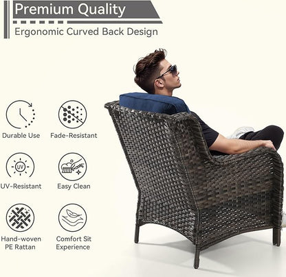 Patio Wicker Chairs Set of 2, Patio Rattan Dining Chairs with 3.5-inch Seat Cushions, High Back and Curved Armrest for Garden, Backyard, Balcony and Deck, Blue