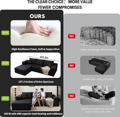 107.5" Cloud Sectional Couch with L-Shape Chaise,Modern Modular Sofa with Deep Seat, Upholstered Couches for Living Room Bedroom Apartments,No Assembly Required, (Black,Left Facing Chaise)