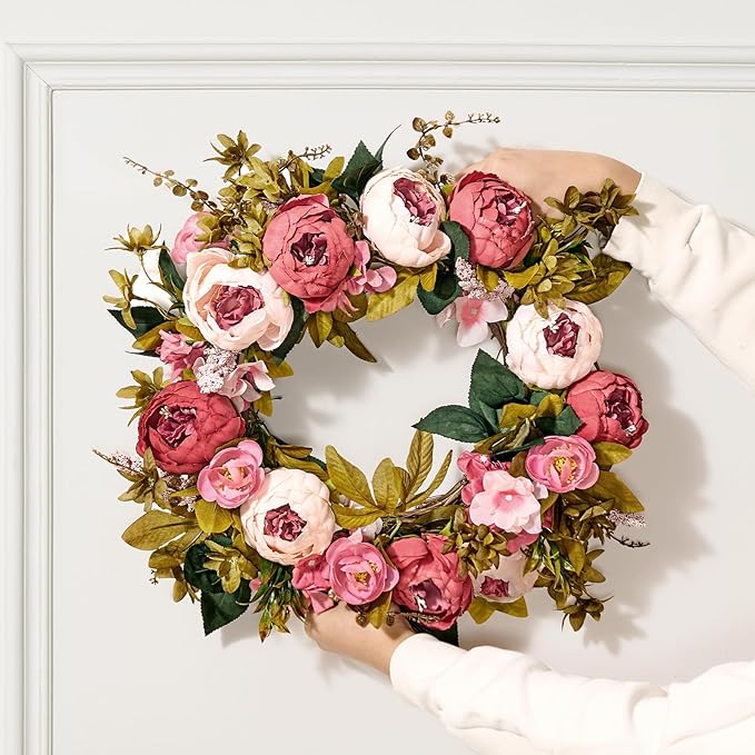 VEVOR Spring Wreath for Front Door 19 Inch - Artificial Peony Floral Wreath with Greenery, Year-Round All Season Outdoor Indoor Decor