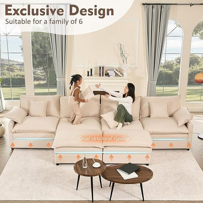142.5" U Shaped Couch, Modular Sectional Sofa, 3-Seater Comfy Cloud Couch with Movable Ottoman, Deep Seat Couches for Living Room, Linen, Beige