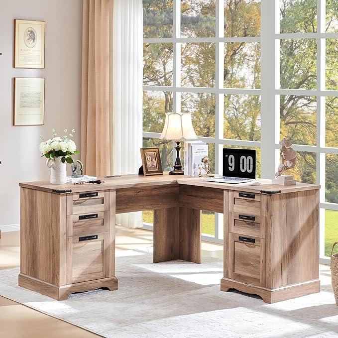 RedLemon 60" Farmhouse L Shaped Executive Desk with Drawers, Wood Home Office Corner Desk with Charging Station, File Drawer, Storage Cabinet, Rustic Computer Writing Desk (Natural Oak)