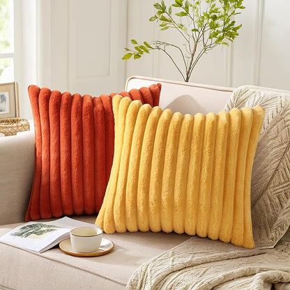 Pallene Faux Fur Plush Throw Pillow Covers 18x18 Set of 2, Luxury Soft Fluffy Striped Decorative Pillow Covers for Sofa, Couch, Living Room, Mustard Yellow
