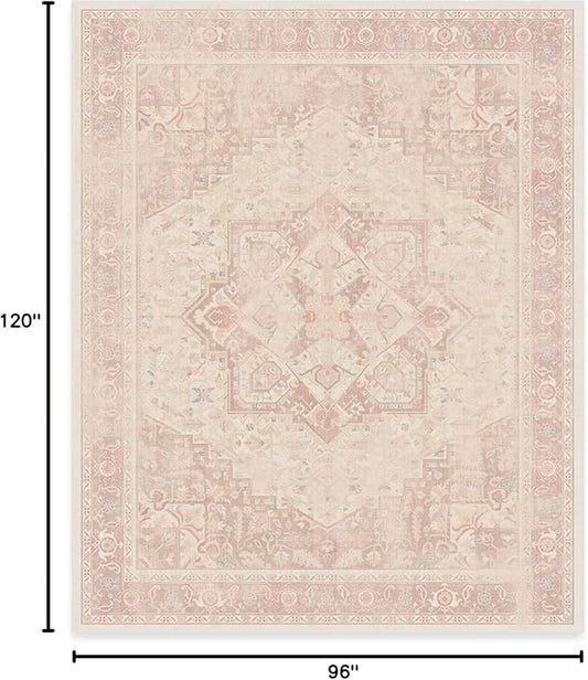 RUGGABLE Washable Area Rug – Kamran Soft Pink 8x10, Stain-Resistant, Non-Slip – Large Machine Washable Rugs for Living Room, Bedroom, Hallway, Entryway & Office–with Standard Pad
