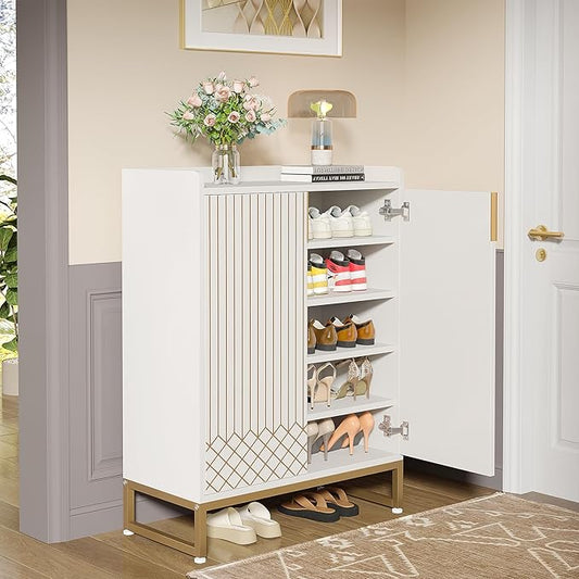 LITTLE TREE Modern White Shoe Cabinet with Doors for Up to 25 Pairs, 5-Tier Wood Shoes Rack Organizer for Entryway Bedroom Hallway Living Room