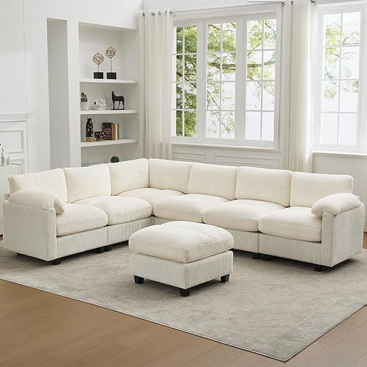 114'' V-Shaped Sectional Cloud Couch with Ottoman, 7-Seater Modular Couches for Living Room, Corduroy Oversized Deep Seat Sofa with Center Stitched, Beige
