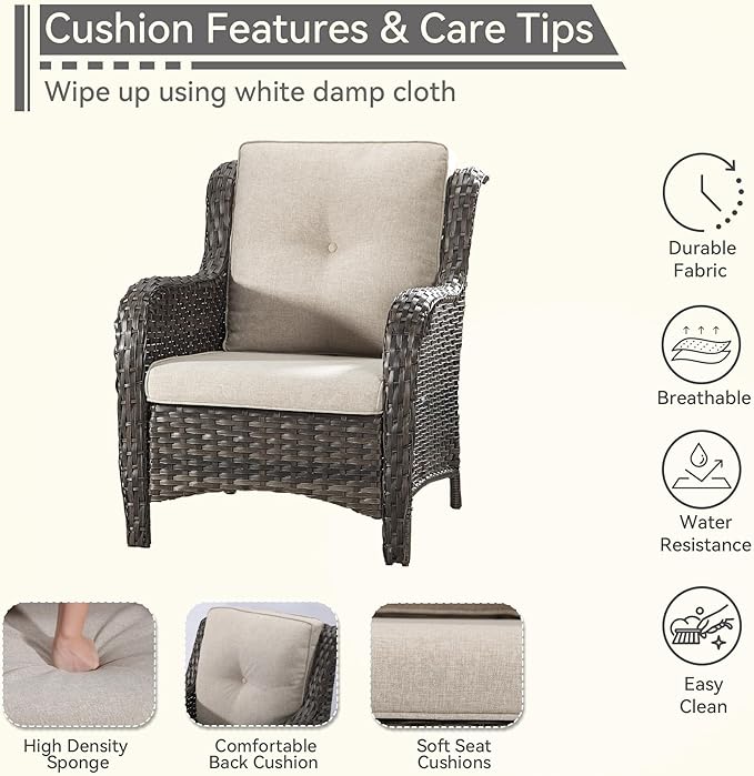 4 Pieces Patio Conversation Set, Wicker Chairs Set of 2 and Two Ottomans with 3.5-inch Seat Cushions, High Back and Curved Armrest for Backyard, Balcony and Deck, Beige