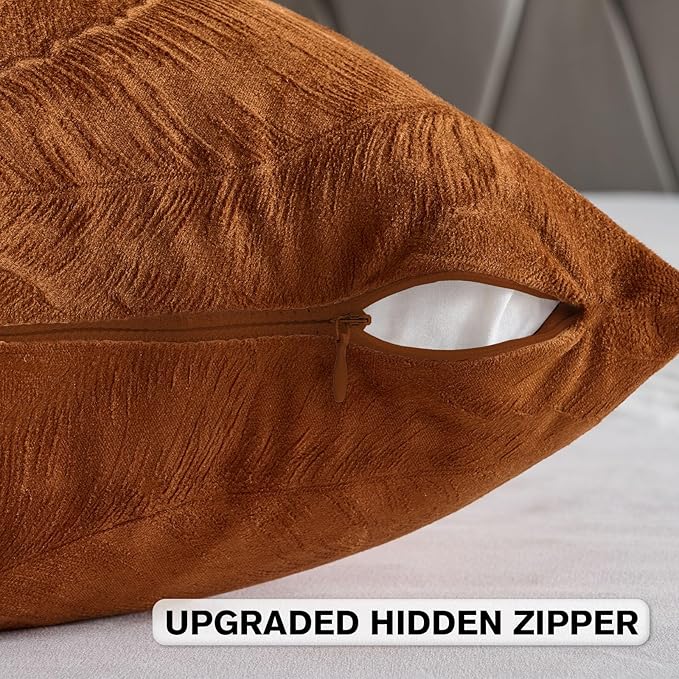 FUTEI Rust Velvet Throw Pillow Covers 16x16 Inch Set of 2,Soft Embossed Leaf-Relief Textured Cushion Cases,Natural Home Decor for Couch Living Room
