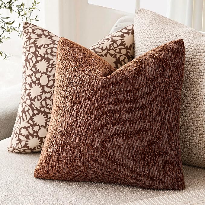 Foindtower Set of 2, Decorative Textured Boucle Throw Pillow Covers Accent Solid Pillow Cases Neutral Soft Cozy Couch Cushion Case for Chair Sofa Bedroom Living Room Home Decor 24x24 Inch Red Taupe
