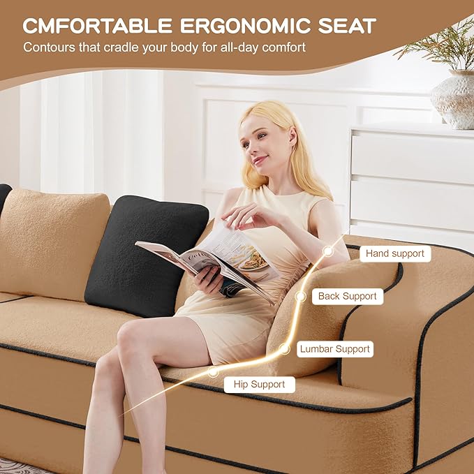 Cloud Sectional Sofa Modern Boneless Couch for Living Room, Comfy Deep Seat Comfy Teddy Fabric Double Sofa Chaise No Assembly Required (Camel, 77.2" Double Chaise Lounge)